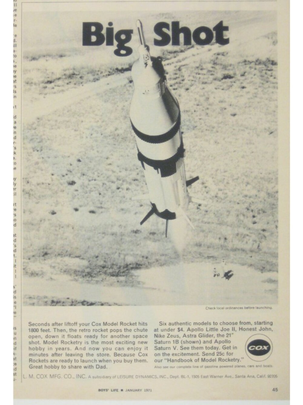 Cox Model Rocket Saturn 1B Big Shot 1971 Advertisement Space Age Print AD